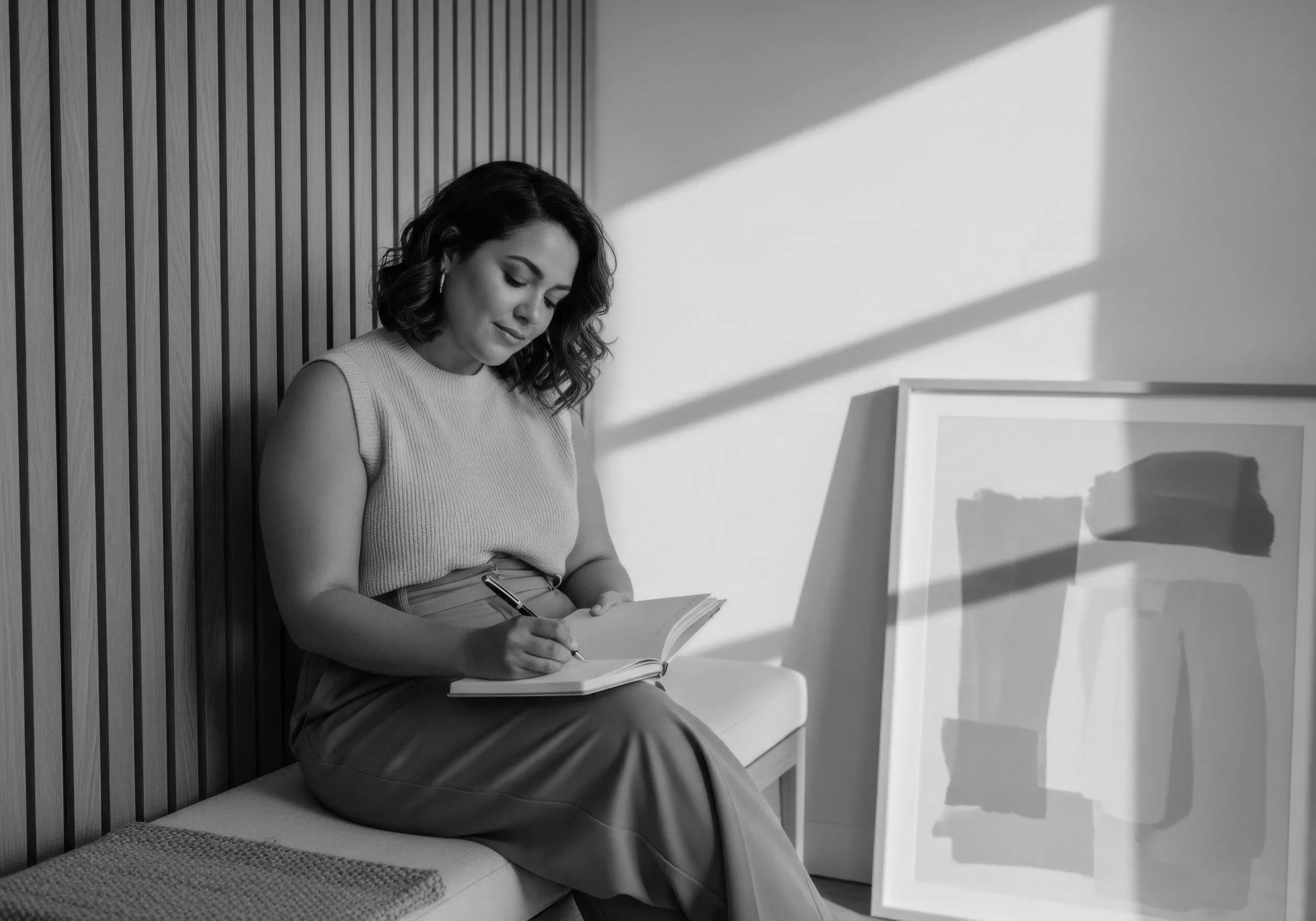 A woman with short, wavy hair wearing a sleeveless top and pants, sitting on a bench, reading a book in a well-lit room with modern decor, including a wooden slat wall and a framed piece of artwork. Shadows from window blinds cast patterns on the wall.