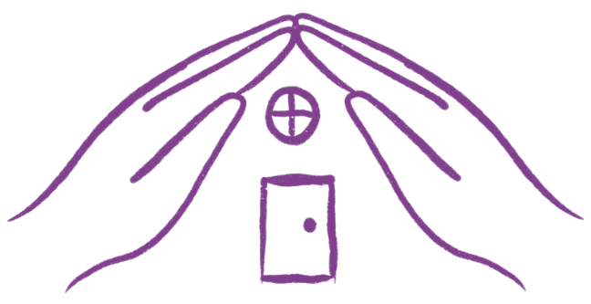 Drawing of hands framing a house with a window and door
