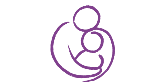 Simple purple line drawing of a mother holding a baby, with a heart-shaped outline around them.