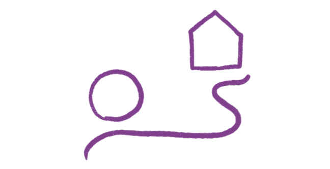 Drawing of a person with a house-shaped kite flying in the air, held by a string.