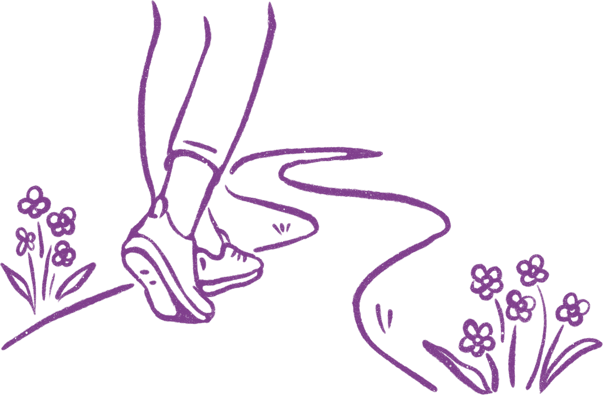 A purple outline drawing of a person sitting on a chair, surrounded by flowers, with a flowing cord or ribbon extending from the figure.