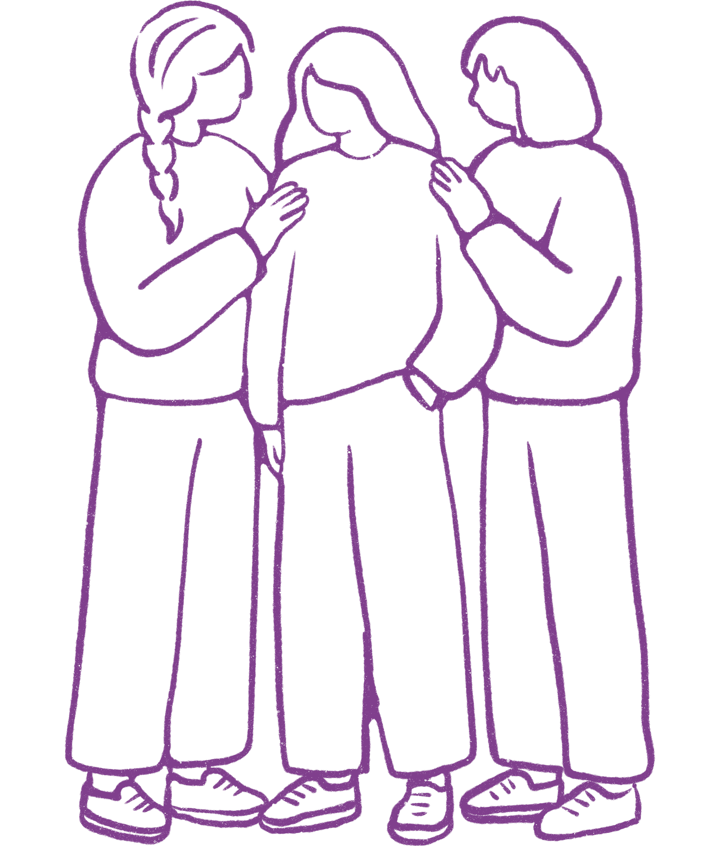 Line drawing of three children holding hands and standing together, with a black background.
