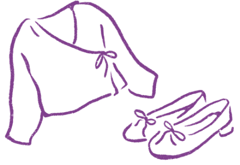 Outline drawing of a long-sleeved shirt and a pair of shoes, both with bows, in purple lines.