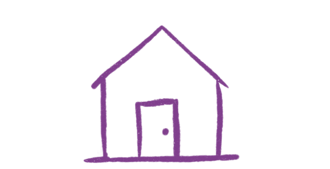 Simple purple outline drawing of a house with a door