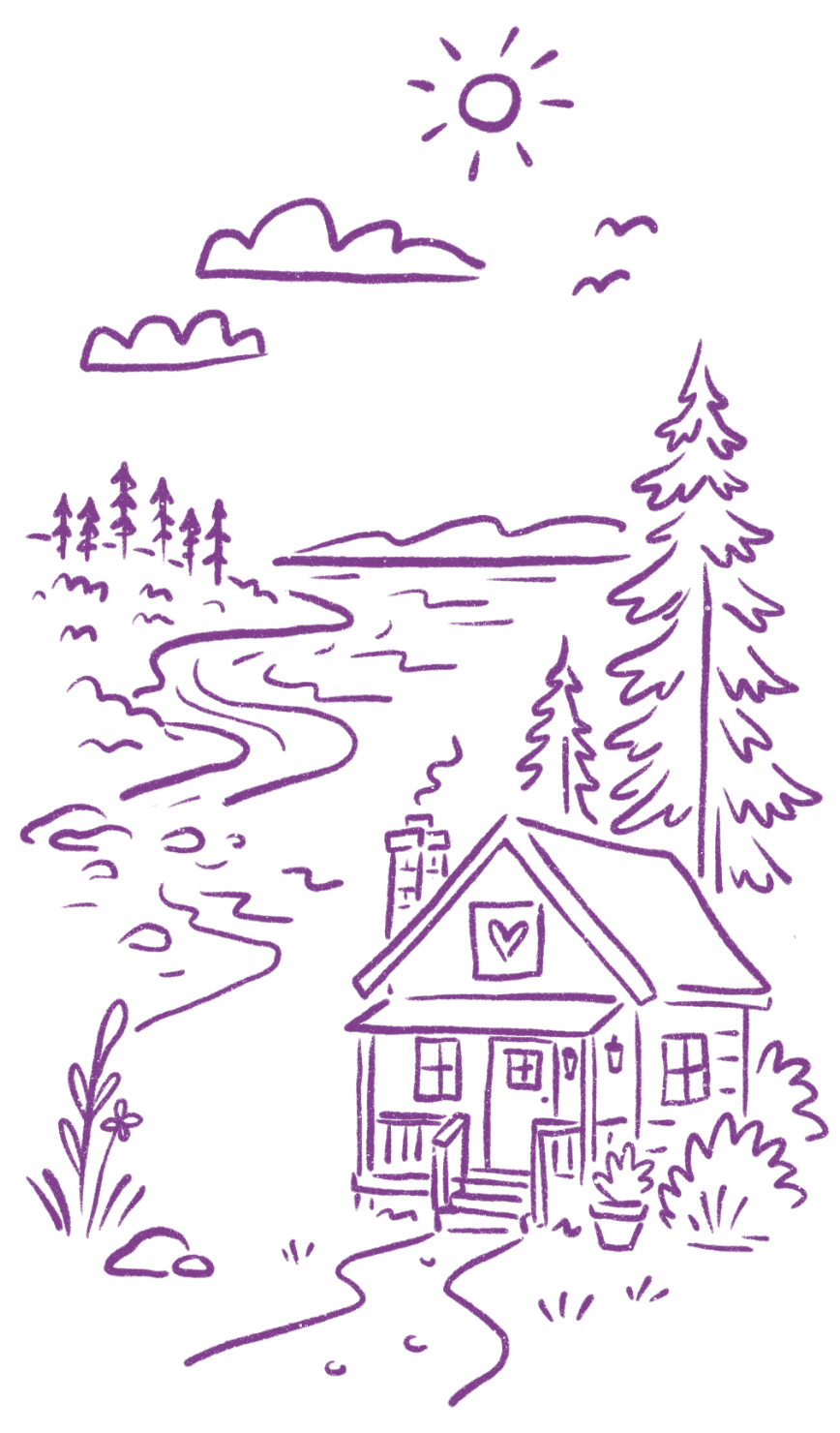A line drawing of a house near a river, with trees, mountains, clouds, and a sun in the background.