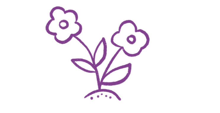 Hand-drawn purple outline of two flowers with leaves on a black background.