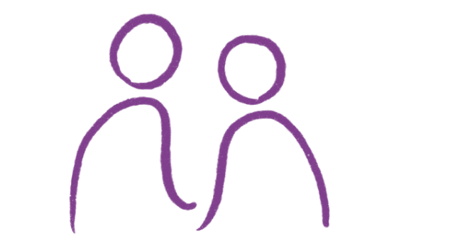 Simple outline drawing of two people facing each other with one reaching out a hand to the other.