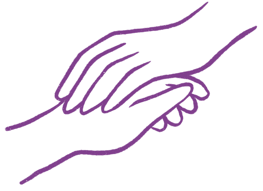 Outline drawing of two hands clasped together, one hand holding the other's fingers, depicted in purple lines on a black background.