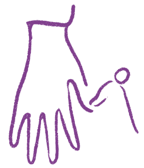 Purple line drawing of a hand holding a baton or pointer.