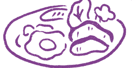 Illustration of a purple plate with breakfast food including eggs, bacon, sausages, toast, and vegetables.