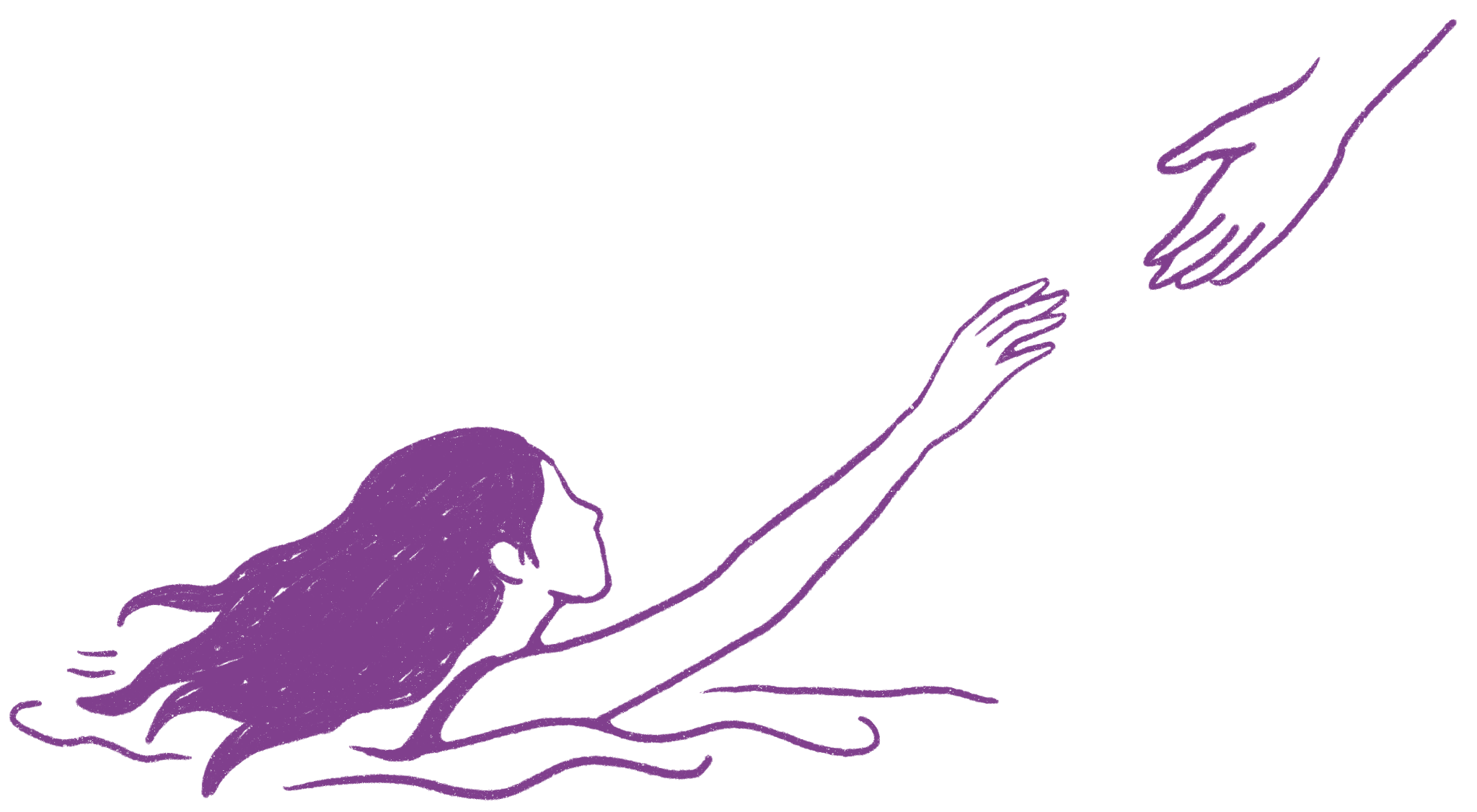 A purple line drawing of a woman with flowing hair reaching out with her hands.