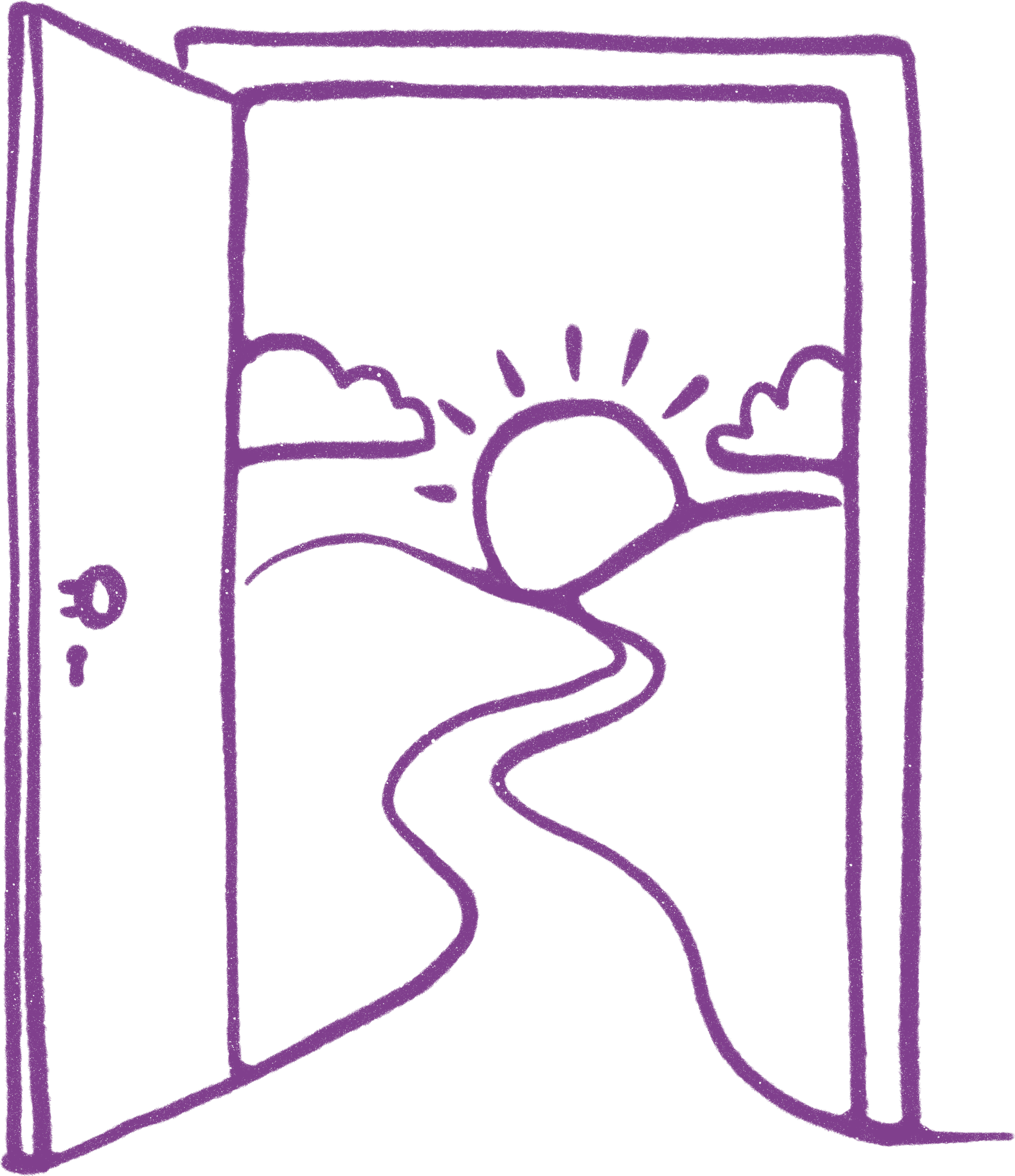 Purple outline of an open book with a sunrise or sunset over hills on the right page and a winding path or river leading to the horizon on the bottom right page.