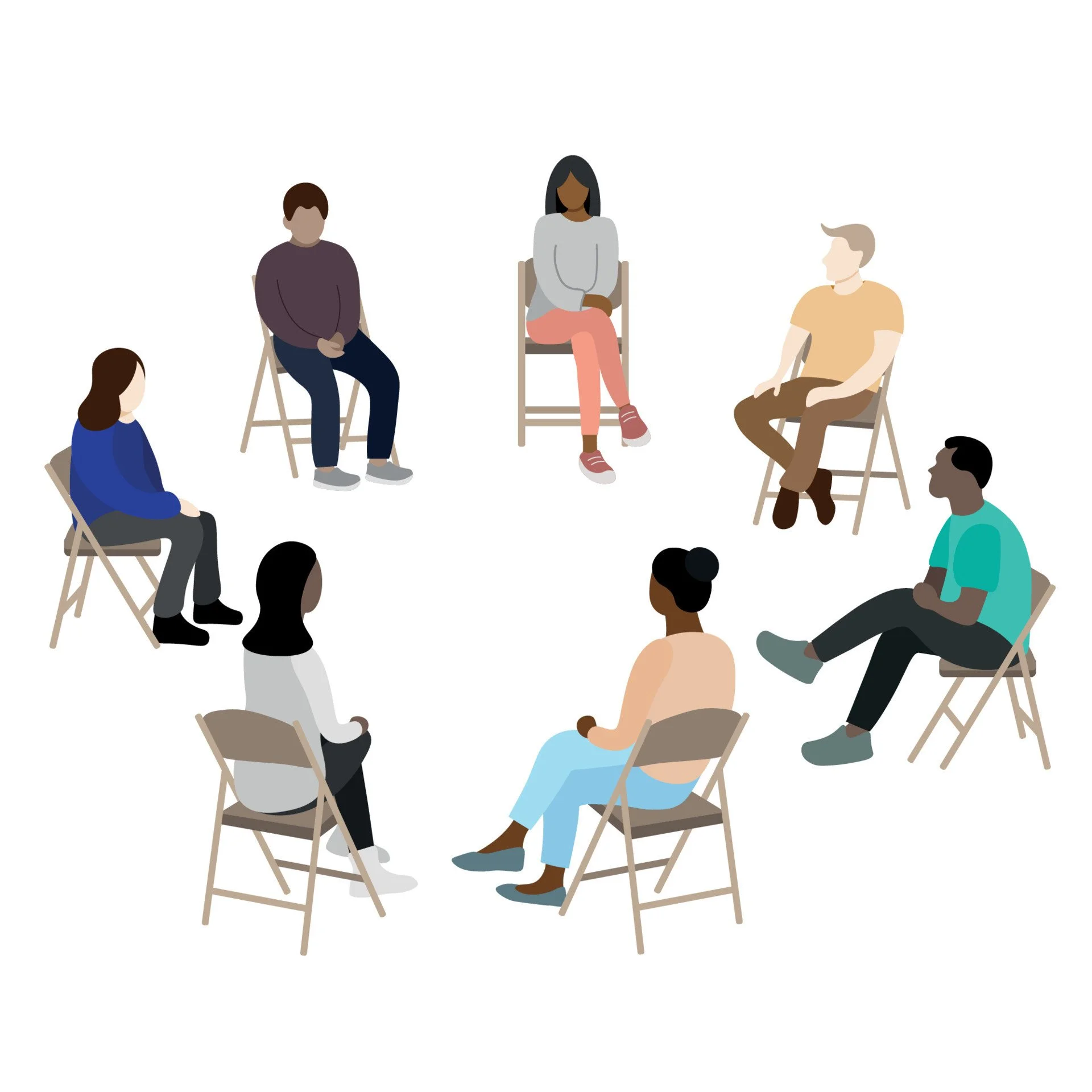 Illustration of diverse people seated in a circle, engaging in a group discussion or therapy session.