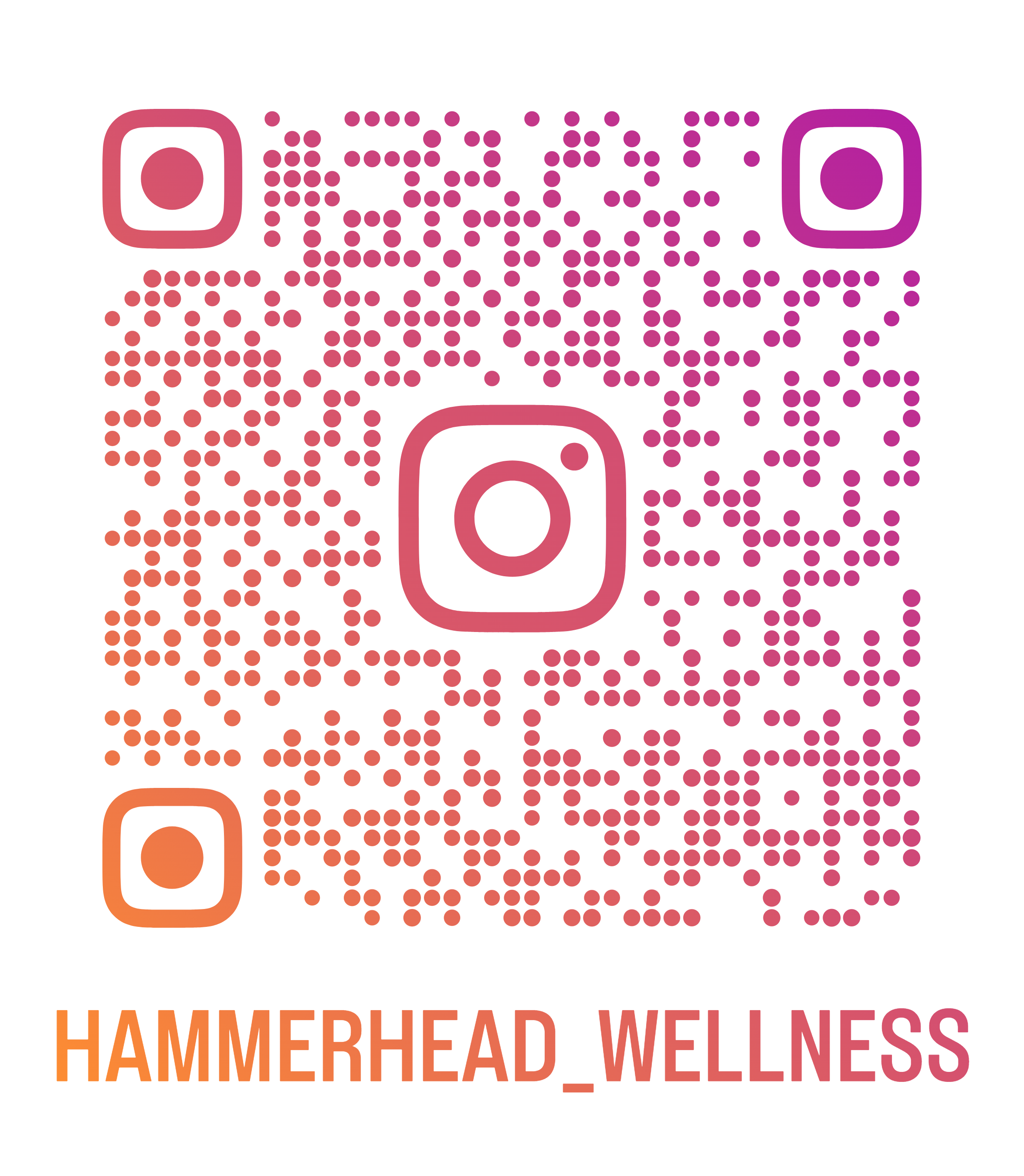 QR code with pink and purple dots, featuring Instagram logos on the top left and top right, and the text 'HAMMERHEAD_WELLNESS' in bold orange and red letters at the bottom.