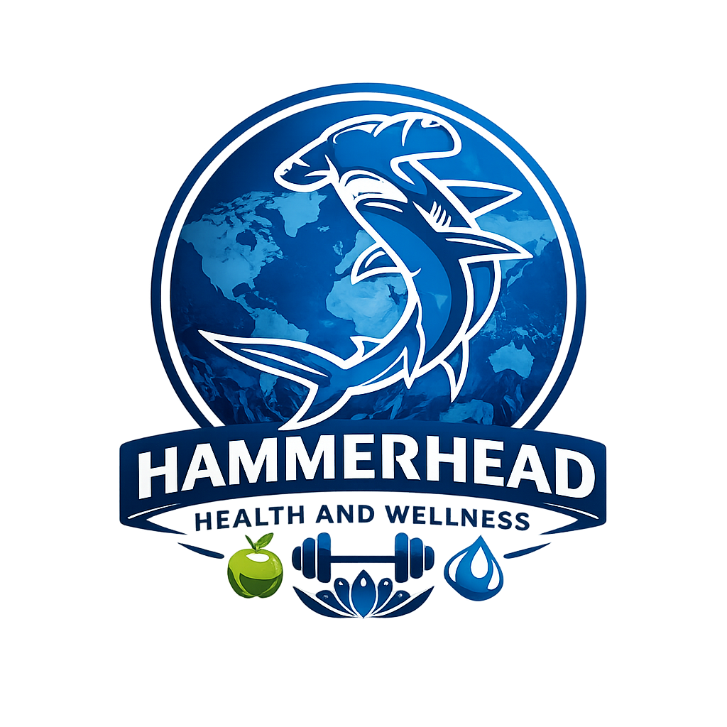 Logo for Hammerhead Health and Wellness with a blue shark, a world map in the background, and icons of an apple, a dumbbell, and a water droplet.