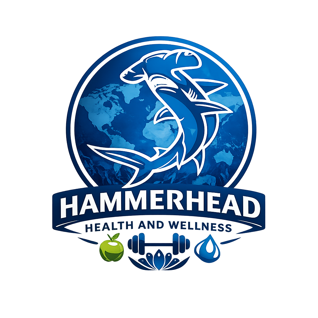 Logo for Hammerhead Health and Wellness featuring a hammerhead shark, a globe, healthy icons of an apple, a dumbbell, and a water droplet.