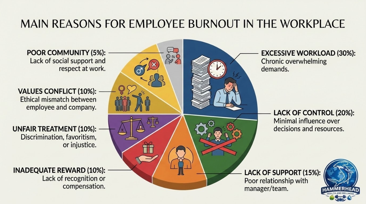 Pie chart titled 'Main Reasons for Employee Burnout in the Workplace' with segments labeled: Excessive workload (30%), Lack of control (20%), Lack of support (15%), Inadequate reward (10%), Unfair treatment (10%), Values conflict (10%), Poor community (5%). Each segment has icons and brief descriptions of causes like chronic demands, little influence, poor relationships, lack of recognition, discrimination, ethical mismatch, and social support issues.