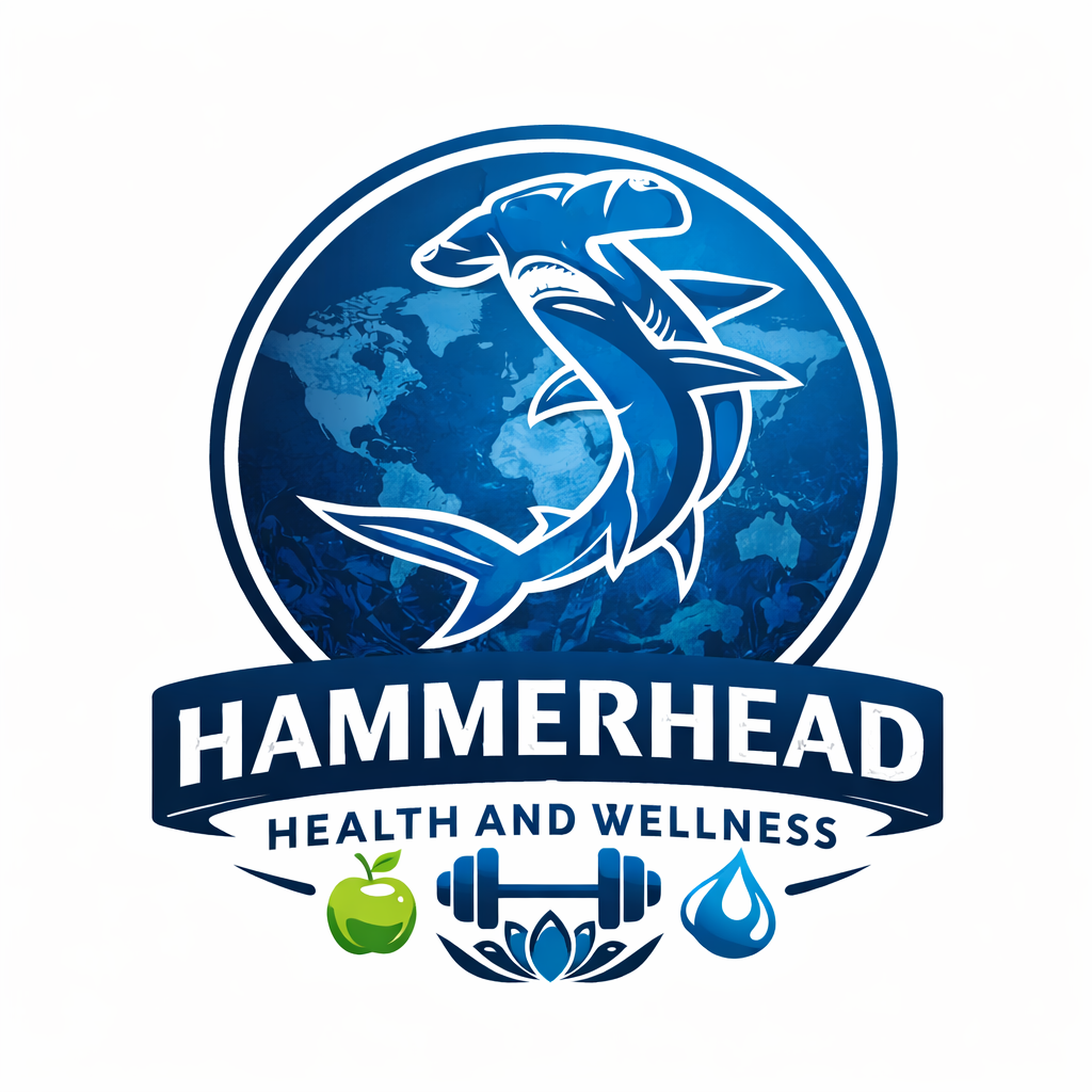 Logo for Hammerhead Health and Wellness featuring a hammerhead shark with a world map background, and icons of an apple, a dumbbell, and a water droplet.