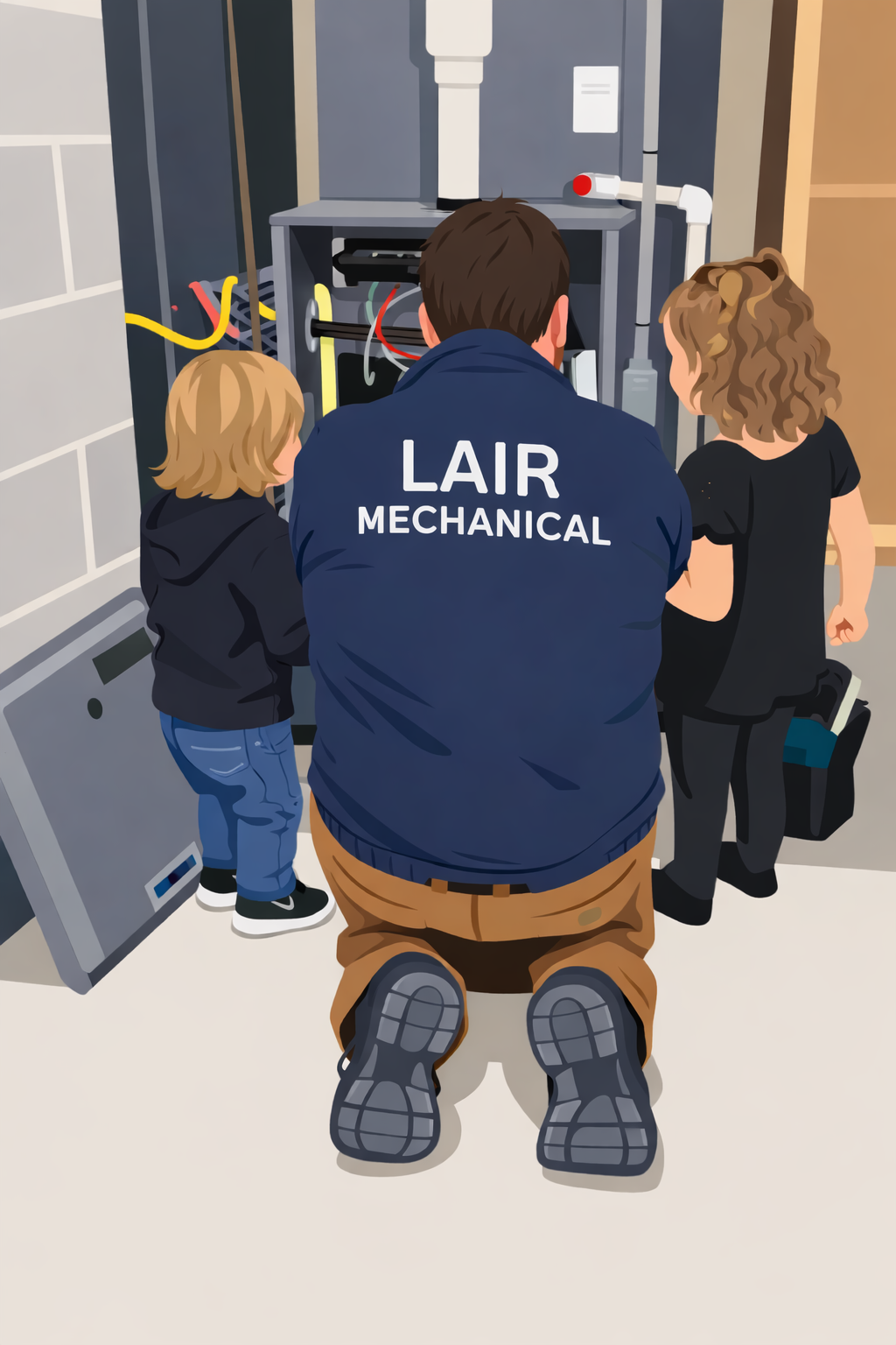 A digitized image depicting Lair Mechanical technician with two children, working on a furnace in a residential basement