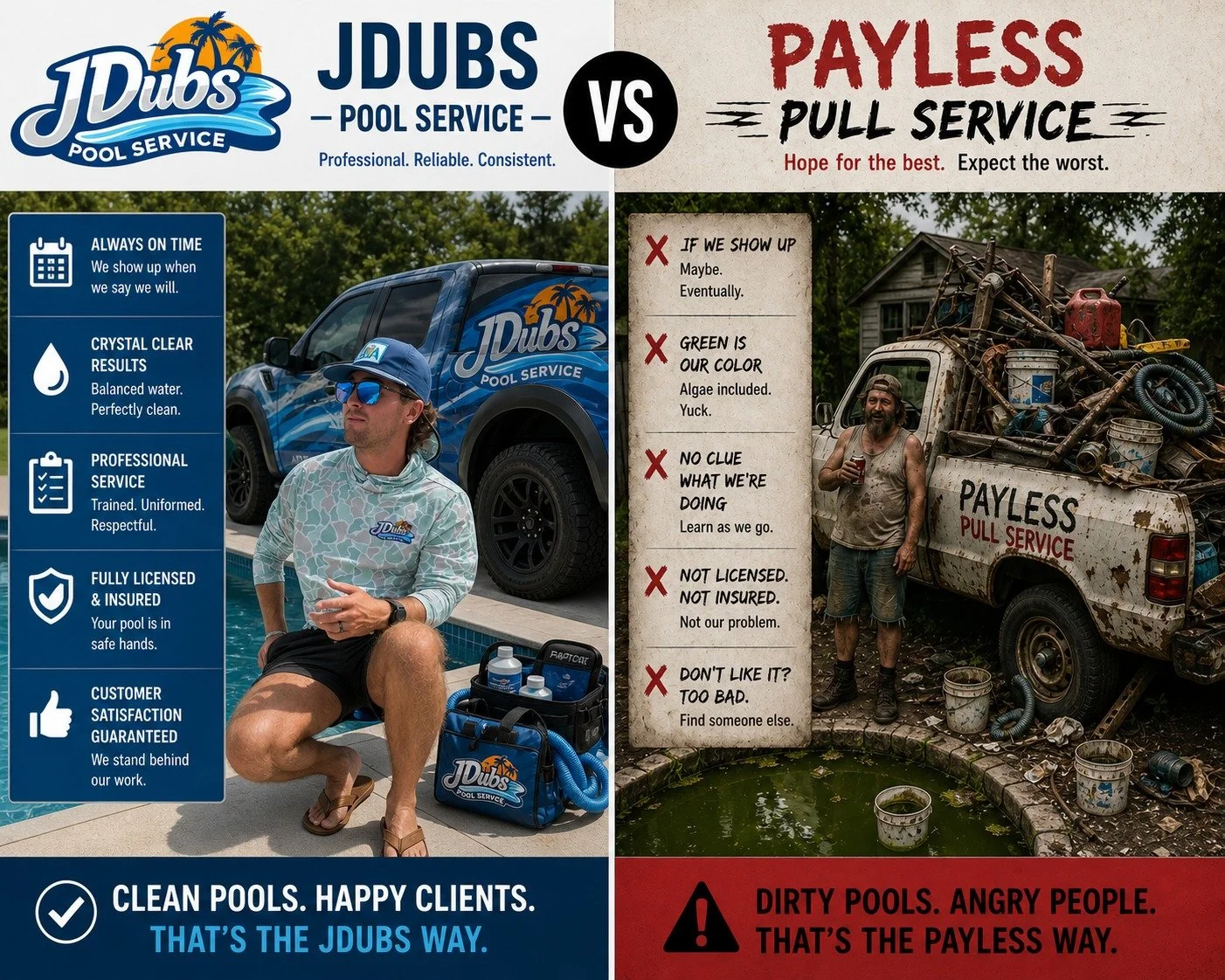 You get what you pay for. 😂

Be honest&hellip;
Which side are you choosing? 👀

✅ Crystal clear water
✅ On-time, every time
✅ Professional service

OR&hellip;

❌ Green pools
❌ Guesswork
❌ Headaches

Drop a 👍 for JDubs or 😬 if you&rsquo;ve ever dea