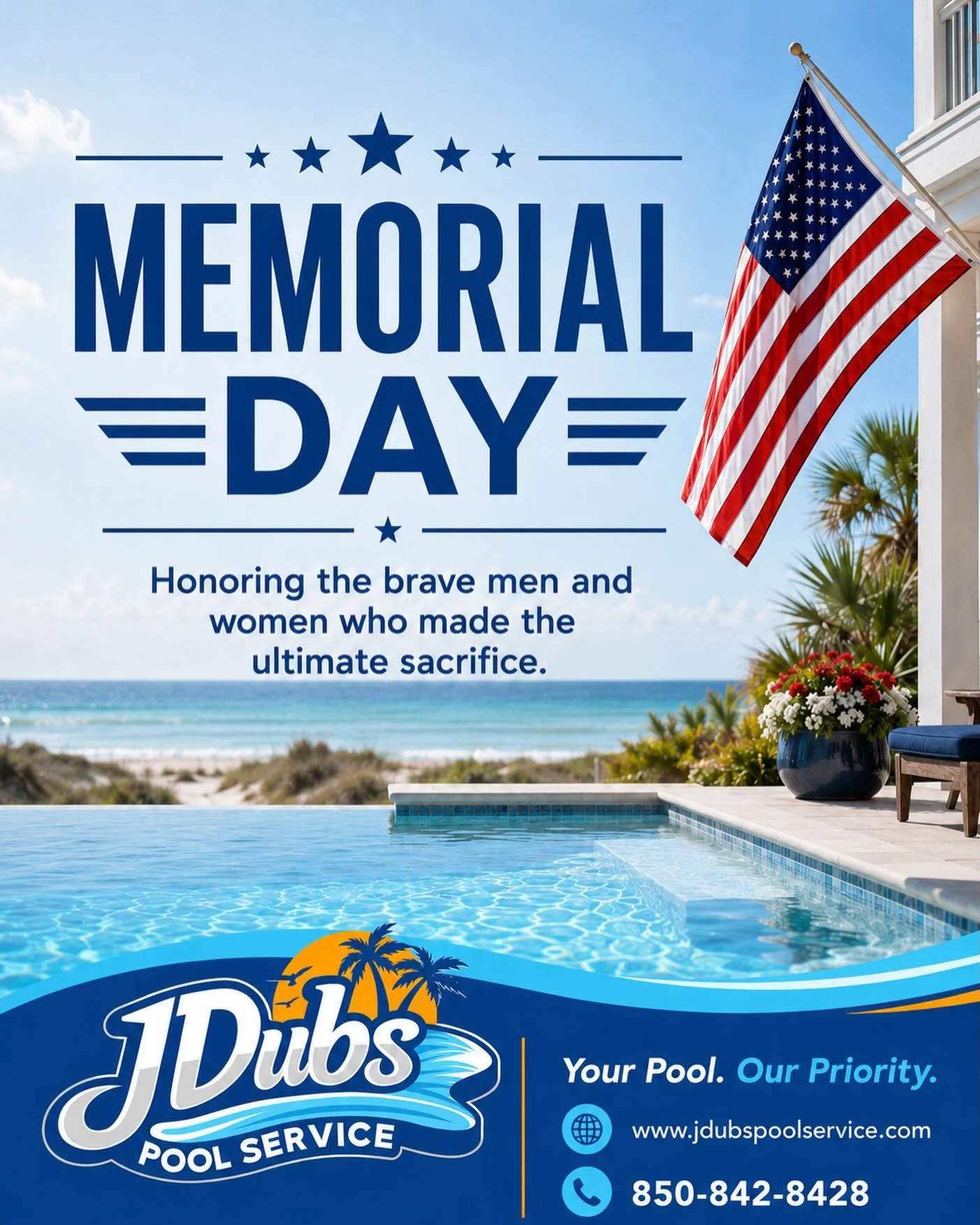 Today we remember and honor those who gave everything for our freedom. 🇺🇸

From all of us at JDubs Pool Service, thank you to the brave men and women who made the ultimate sacrifice.

Your Pool. Our Priority.

#MemorialDay #HonorTheFallen #JDubsPoo