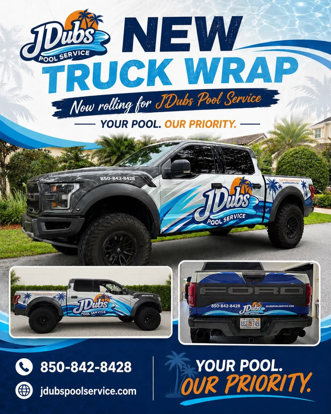 New look. Same priority.

JDubs Pool Service is officially rolling with a fresh new truck wrap &mdash; and we couldn&rsquo;t be more excited to see the brand out on the road serving pools across 30A and Walton County.

Whether it&rsquo;s weekly maint