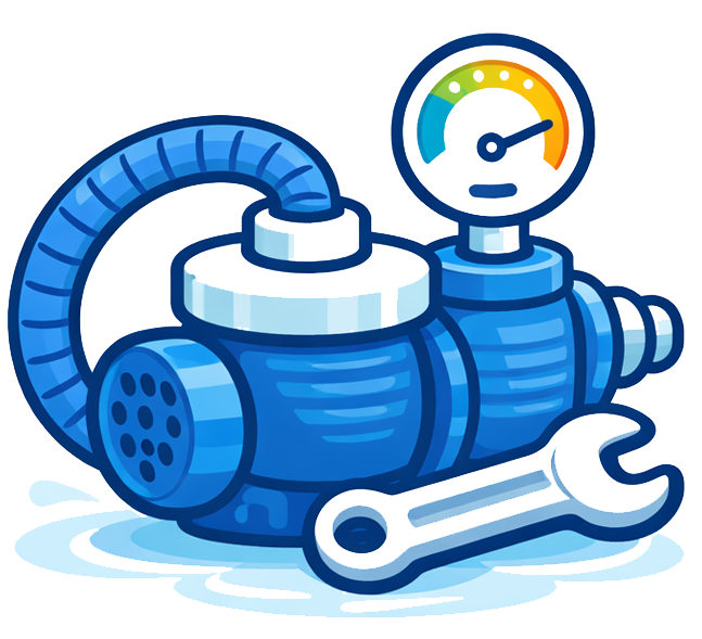 Illustration of a blue pool pump device, possibly a water pressure regulator, with a gauge showing a safe pressure level and a wrench beside it.