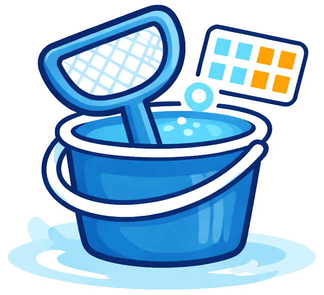 Blue pool cleaning bucket with handle, a pool skimmer and pole, and a yellow and white card measuring pool chemical balance in the background.