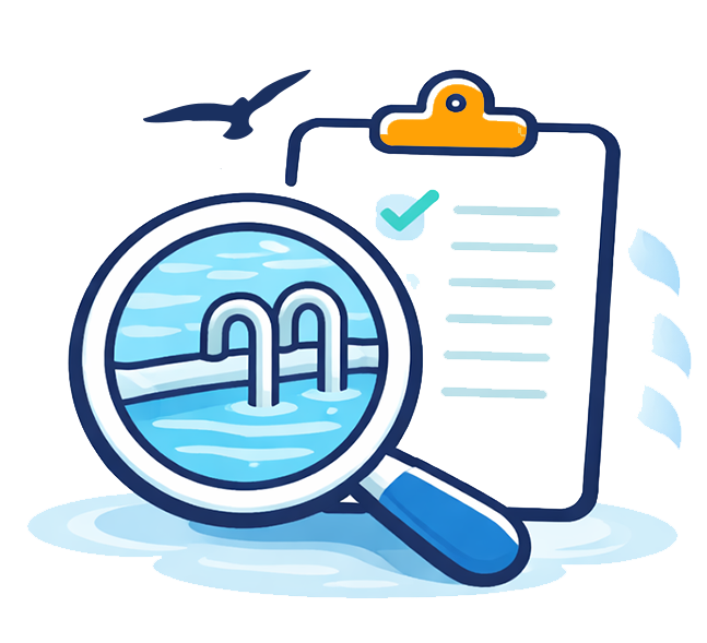 A magnifying glass focusing on a swimming pool with ladder, placed in front of a clipboard with a pool service checklist, indicating inspection or review.