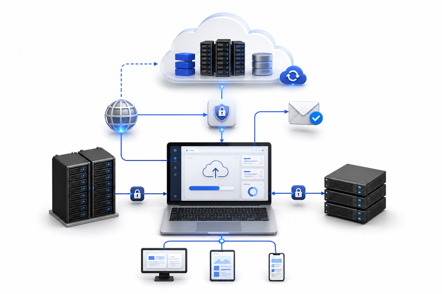 Diagram illustrating cloud data storage and security with servers, a laptop, cloud icons, and connected devices.