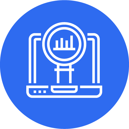 A blue circular icon with a white computer or server symbol and a bar chart inside a circle, representing data analysis or technology.