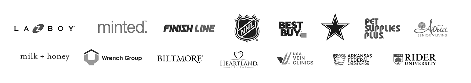 A collection of various company logos in black and white, arranged in two rows. Logos include La-Z-Boy, Minted, Finish Line, NHL, Best Buy, Dallas Stars, Pet Supplies Plus, Aria Senior Living, Milk + Honey, Wrench Group, Biltmore, Heartland Dental, USA Vein Clinics, Arkansas Federal Credit Union, and Rider University.