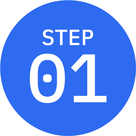 Blue circular badge with white text that says 'STEP 01' and a footprint icon.