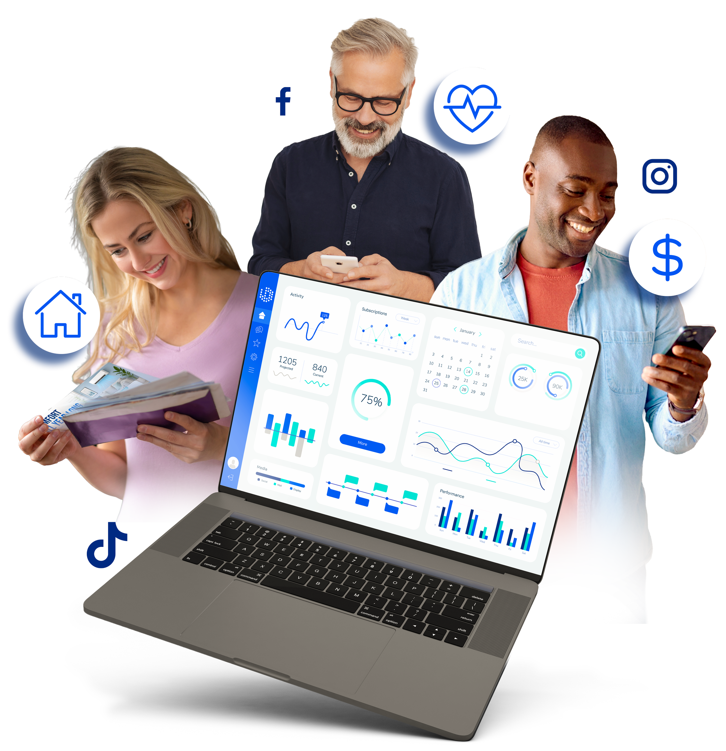 A laptop displaying a dashboard with analytics data, surrounded by three smiling people looking at their smartphones, with icons of a house, dollar sign, Facebook, and Instagram floating around them.