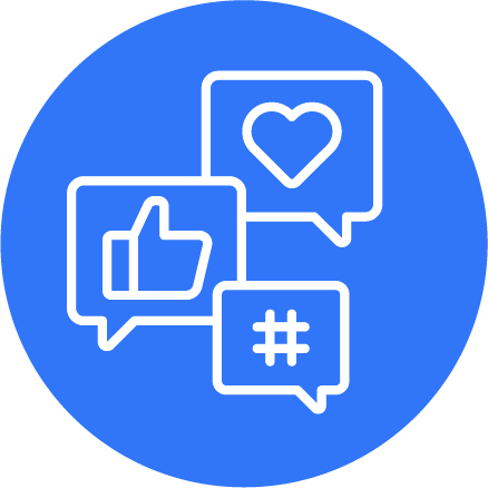 Icon with three speech bubbles containing a thumbs-up, a heart, and a hashtag in a blue circle.