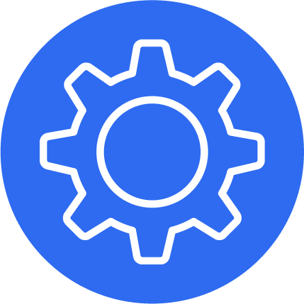 Blue circular icon with a white gear symbol in the center.