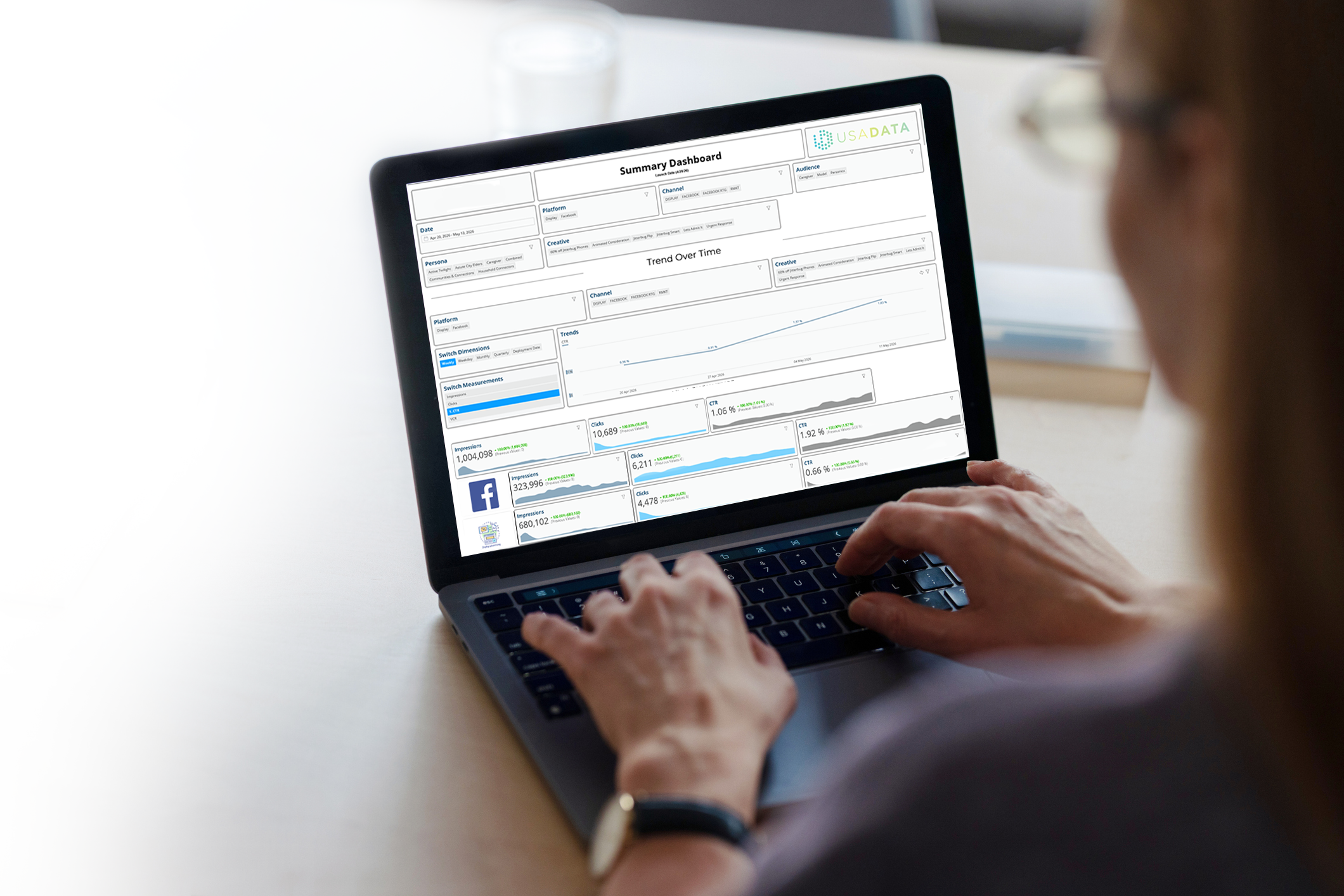 Person using a laptop displaying a data dashboard with charts, graphs, and metrics.