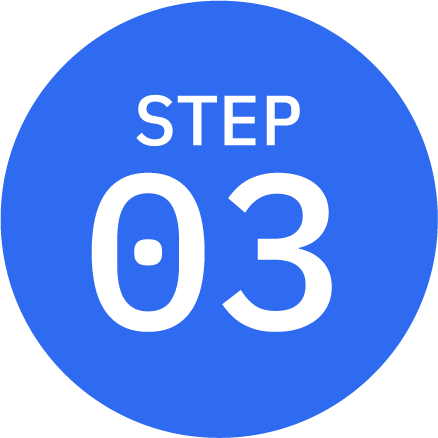 Blue circular badge with white text that says 'STEP 03'.