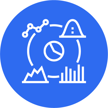 Icon depicting data analysis, including graphs, charts, and a line graph connected in a circular layout.