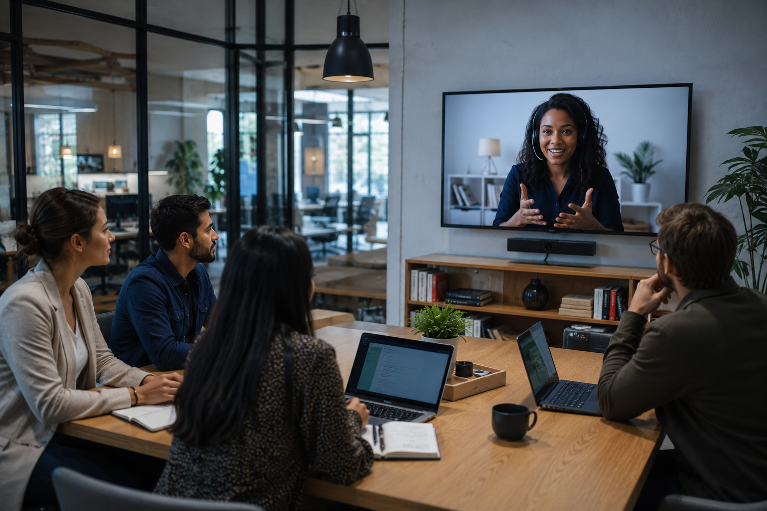 A group of five people are seated around a wooden table in a modern office, watching a woman on a television screen leading a virtual meeting or presentation.