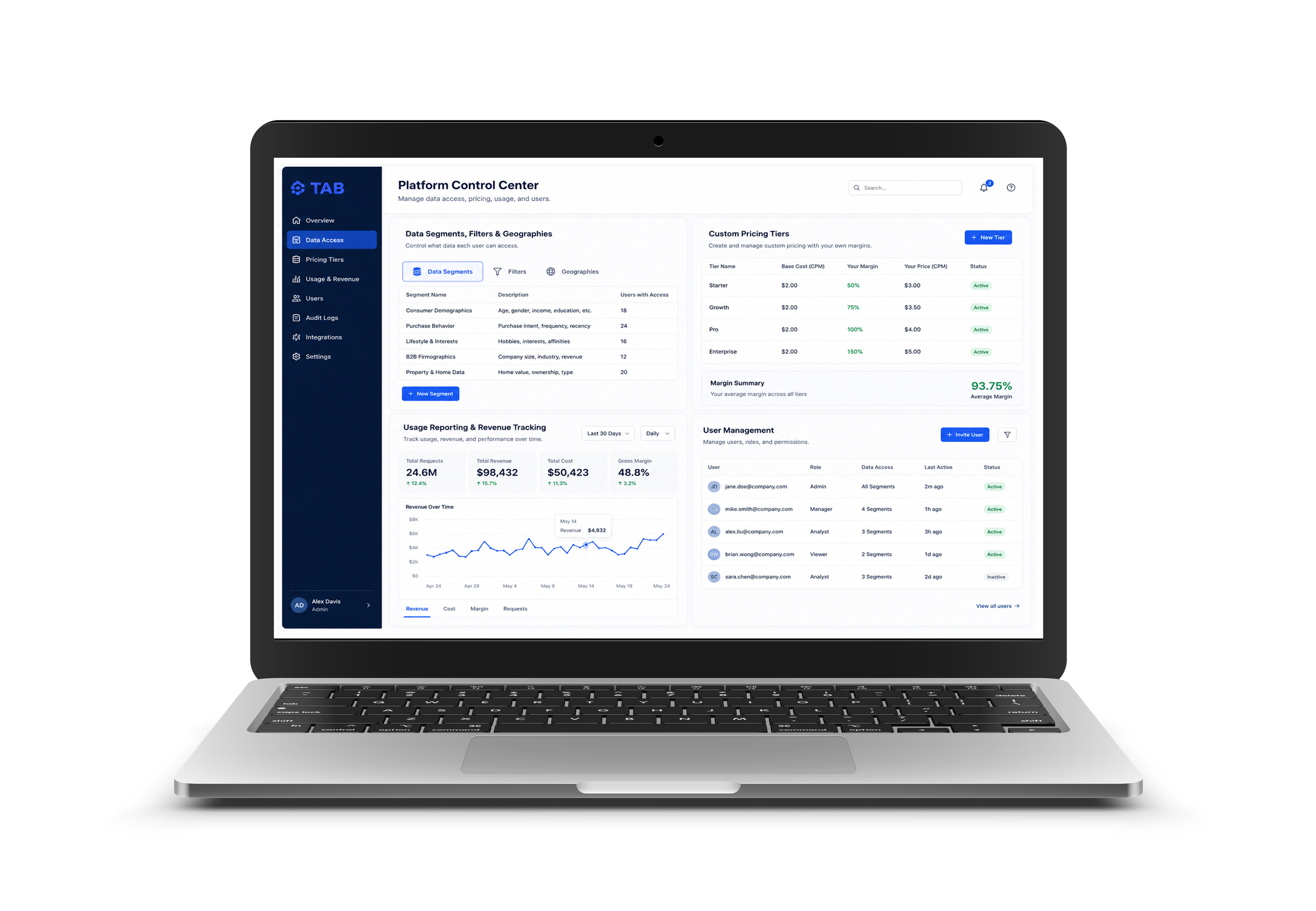 Laptop displaying a data management dashboard with menu options on the left, a main panel with graphs, tables, and statistics, and a navigation bar at the top.