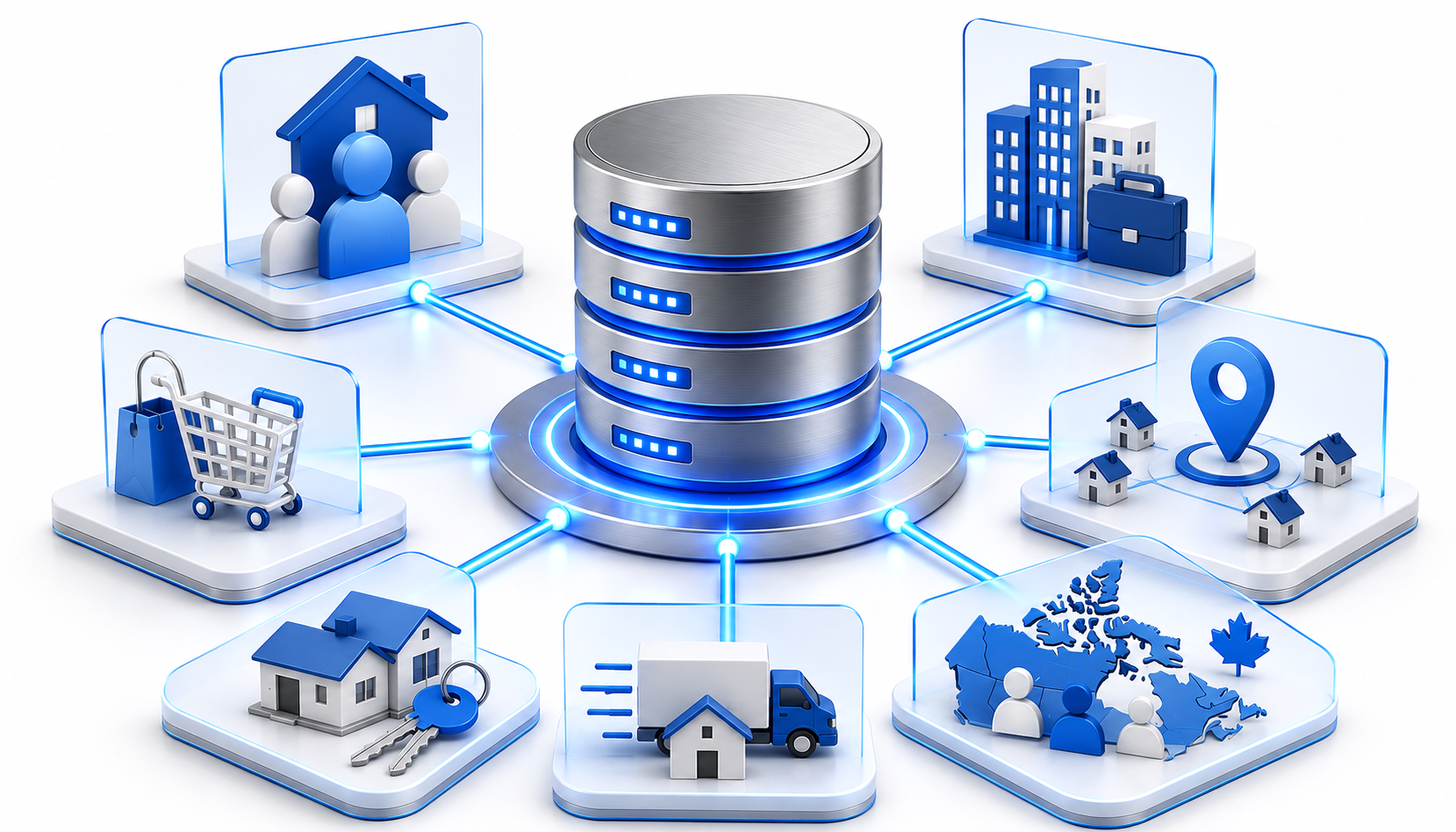 A digital illustration of a central database server connected to various icons representing real estate, shopping, transportation, global connections, and community.