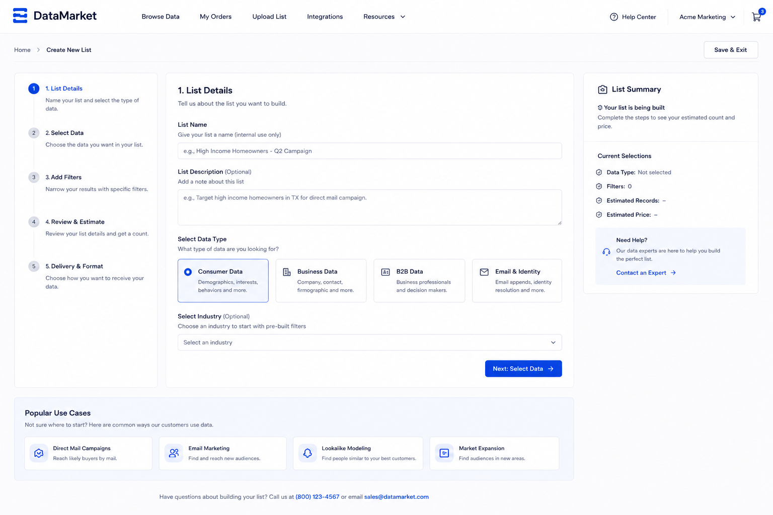 Screenshot of a web page from DataMarket showing a form to create a new list. The form includes sections for list details, selecting data type, industry options, and a continue button. The interface is clean with a blue and white color scheme.