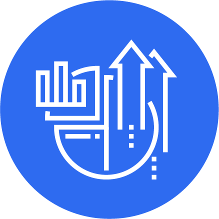 A blue circular icon with white line graphs and upward arrows, symbolizing growth or progress.