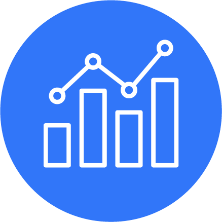 Icon of a line graph and bar chart on a blue circular background.