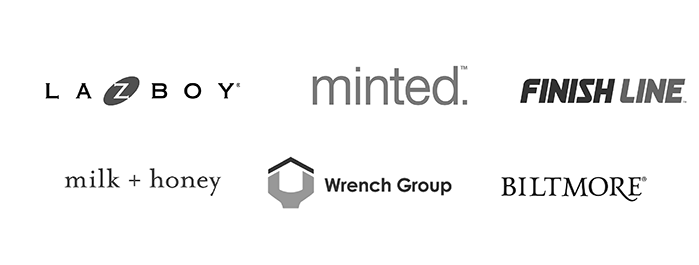 A collection of logos for various brands including Lazy Boy, Minted, Finish Line, Milk + Honey, Wrench Group, and Biltmore.