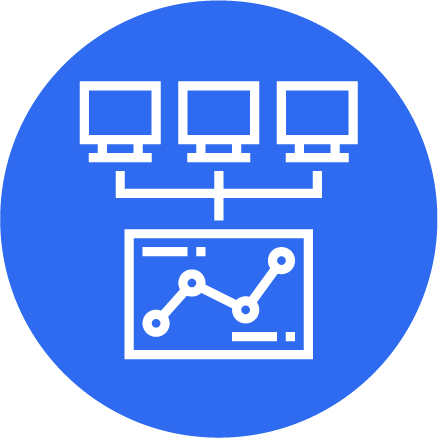 Icon of multiple computer monitors connected to a monitor displaying a line graph