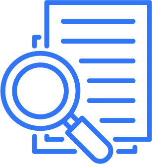 Icon of a magnifying glass over a document, representing search or examination.