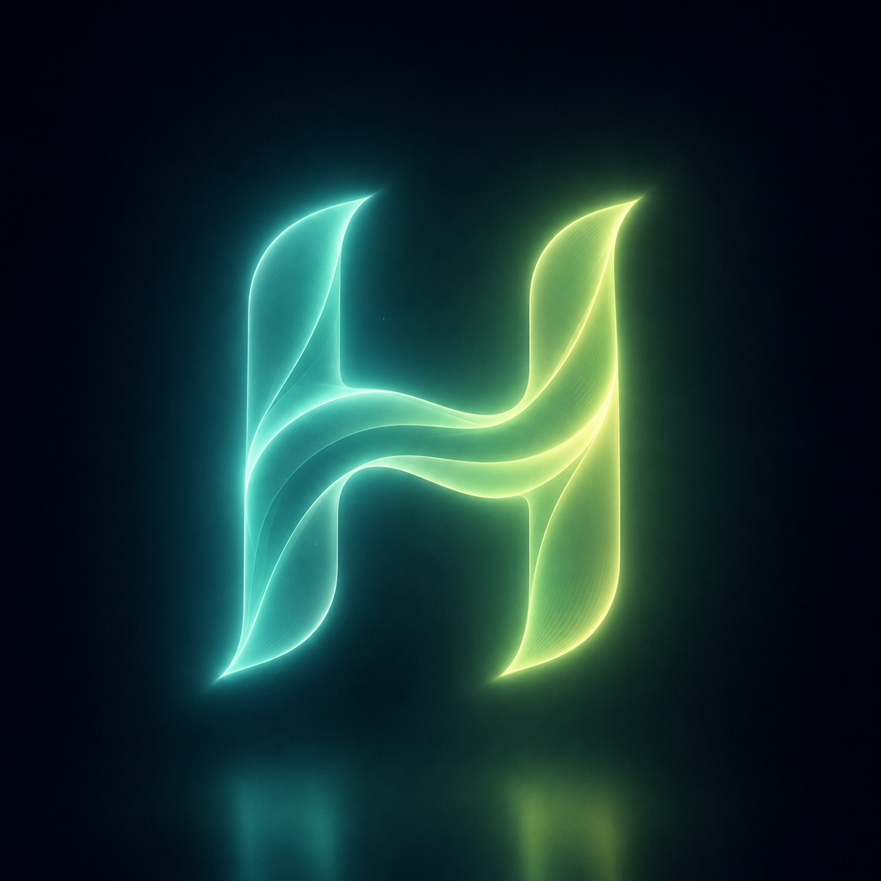 Neon abstract geometric shapes in blue and green colors against a dark background.