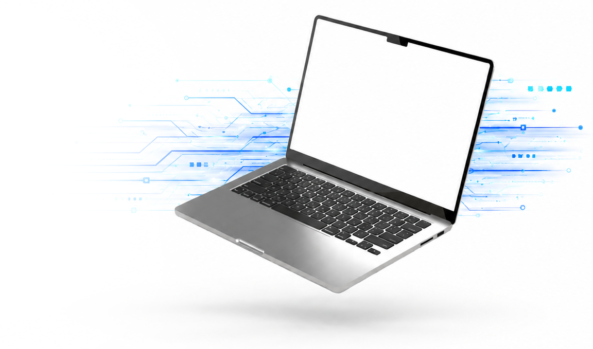 A modern laptop with an open screen, black keyboard, and trackpad, surrounded by digital blue circuit-like lines on a white background.